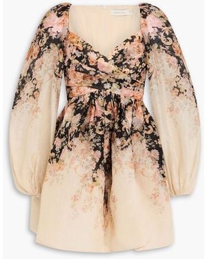 zimmermann pleated long sleeve mini dress Zimmermann Floral Pleated Puff-Sleeve Mini Dress