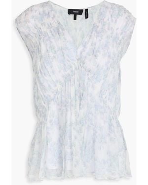 Theory Shirred Floral-print Silk-crepon Top - White