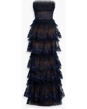Marchesa Trägerlose gestufte robe aus tüll mit verzierung - Blau