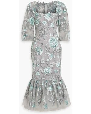 Marchesa Embroidered Tulle Midi Dress - Grey