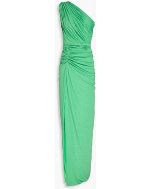 Rhea Costa Zeina One-shoulder Ruched Glittered Stretch-jersey Gown - Green