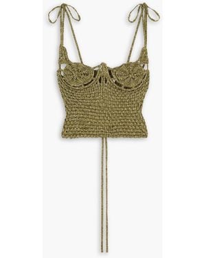 Isa Boulder Spiralweave Cropped Lace-up Metallic Woven Jersey Bustier Top - Green