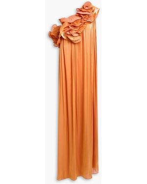 Costarellos Charmain One-shoulder Ruffled Metallic Georgette Gown - Orange