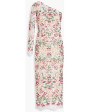 Marchesa One-sleeve Embroidered Macramé Lace Midi Dress - Multicolour