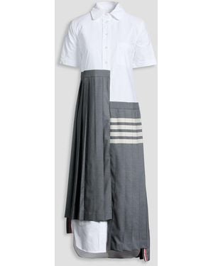 Thom Browne Asymmetric Striped Poplin-paneled Wool Midi Shirt Dress - Grey