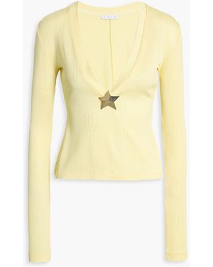 Area Embellished Ribbed Jersey Top - Yellow