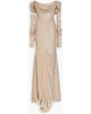Rhea Costa Off-the-shoulder Draped Sequined Tulle Gown - Natural