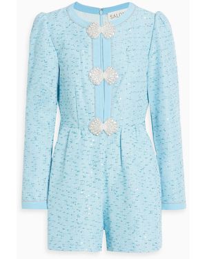 Saloni Camille Cutout Embellished Cotton-Blend Tweed Playsuit - Blue