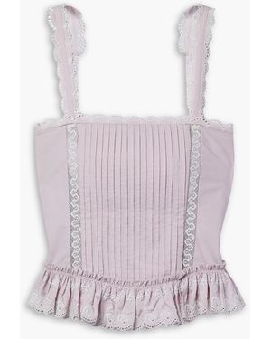 LoveShackFancy Skipper Broderie Anglaise-trimmed Pintucked Cotton-poplin Bustier Top - Purple