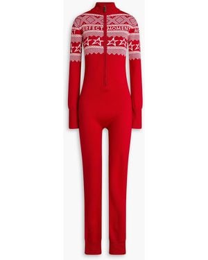 Perfect Moment Holiday Cropped Fair Isle Intarsia Merino Wool Jumpsuit - Red