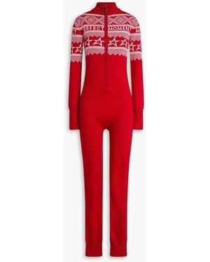 Perfect Moment Holiday Cropped Fair Isle Intarsia Merino Wool Jumpsuit - Red