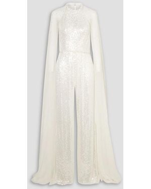 Jenny Packham Cape-effect Sequined Chiffon Jumpsuit - White
