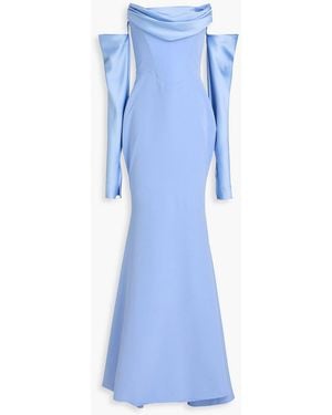 Rhea Costa Off-The-Shoulder Satin-Trimmed Crepe Gown - Blue