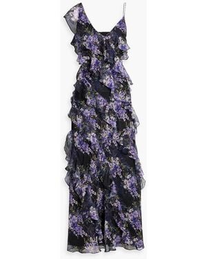 Mikael Aghal Ruffled Floral-Print Chiffon Maxi Dress - Blue