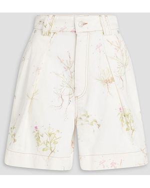 Erdem Pleated Floral-print Denim Shorts - Natural