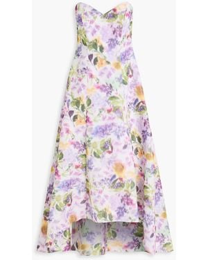 Badgley Mischka Strapless Floral-Print Taffeta Gown - White