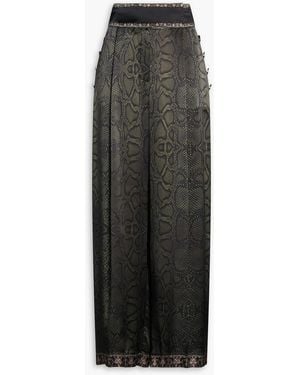 CAMILLA Snake-Print Embellished Silk-Satin Wide-Leg Trousers - Black