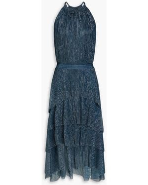Maje Tiered Metallic Plissé-Jersey Midi Dress - Blue