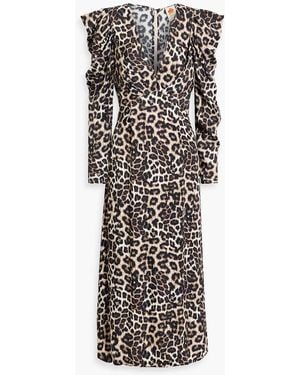 FARM Rio Ruched Leopard-Print Satin Midi Dress - Black
