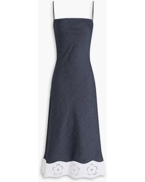 STAUD Palo Broderie Anglaise-Trimmed Linen-Blend Chambray Midi Dress - Blue
