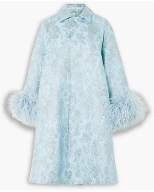 The Vampire's Wife Whirlwind Feather-trimmed Metallic Floral-brocade Coat - Blue