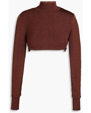 Hervé Léger Cropped Satin-paneled Knitted Turtleneck Top - Red