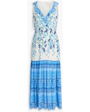Saloni Amy Ruflled Floral-Print Silk Crepe De Chine Midi Dress - Blue