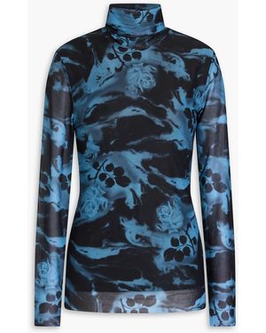 Ganni Printed Mesh Turtleneck Top - Blue