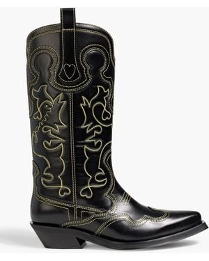 Ganni Embroidered Leather Cowboy Boots - Black