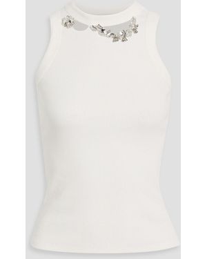 Area Crystal-Embellished Distressed Ribbed Cotton-Blend Jersey Tank - White