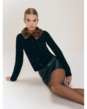 Reformation Hannah Crew Cardigan Leopard Faux Fur Collar Wool - Blue