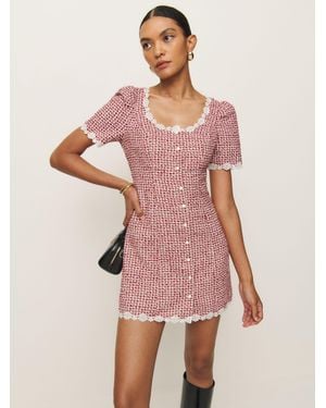 Reformation Embroidered Puff-Sleeve Mini Dress - Pink