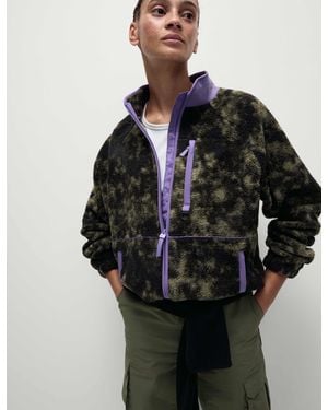 GOODMOVE Women's Borg Zip Up Printed Funnel Neck Fleece Jacket - Black