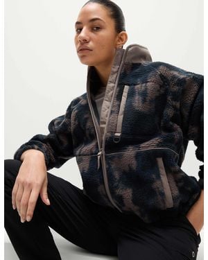 GOODMOVE Women's Borg Zip Up Printed Funnel Neck Fleece Jacket - Black