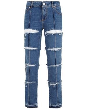 McQueen Cut Out Design Denim Pants For - Blue