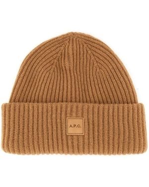 A.P.C. Beanie Hat With Logo - Brown