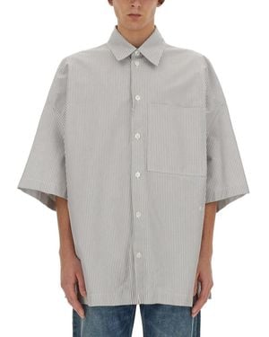 Bottega Veneta Striped Overshirt With Bv Embroidery - Gray