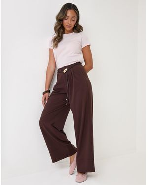 Threadbare Pleated Wide Leg Trousers With Faux Leather Belt - Brown