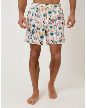Threadbare Tropical Stamp Print Seersucker Swim Shorts - White