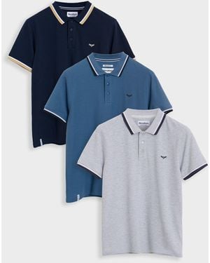 Threadbare 3 Pack Herringbone Tipping Detail Pique Polo Shirts - Blue
