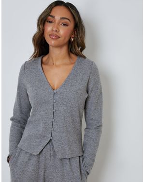 Threadbare Ribbed V Neck Lounge Cardigan - Grey