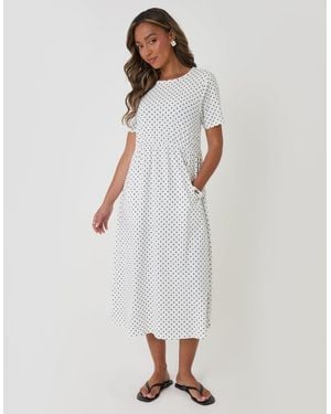 Threadbare Pure Cotton Midi Smock Dress With Pockets - White