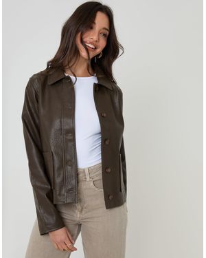Threadbare Faux Leather Cropped Button Up Jacket - Brown