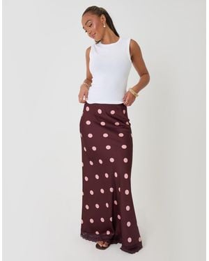 Threadbare Petite Satin Lace Trim Maxi Skirt - Red