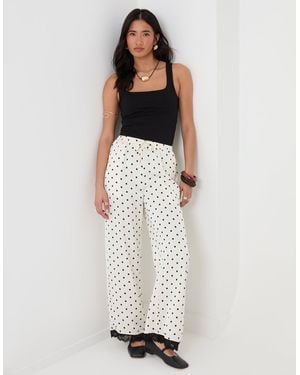 Threadbare Wide Leg Satin Lace Trim Trousers - White