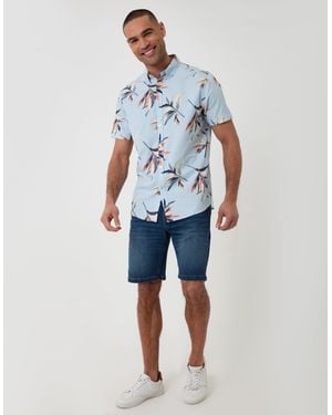 Threadbare Tropical Leaf Print Cotton Poplin Short Sleeve Shirt - Blue