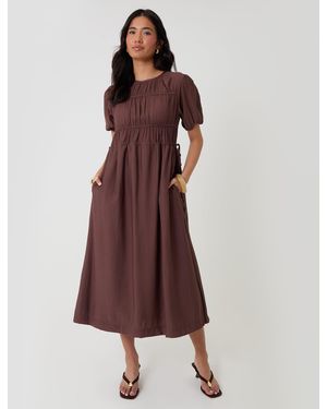 Threadbare Ruched Drawstring Puff Sleeve Midi Dress - Brown