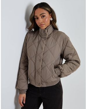 Threadbare Quilted Funnel Neck Bomber Jacket - Brown