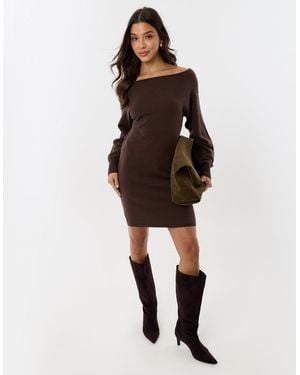 Threadbare Slash Neck Mini Jumper Dress - Brown