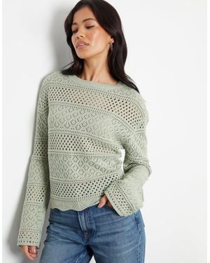 Threadbare Long Sleeve Pointelle Crochet Knit Jumper - Green